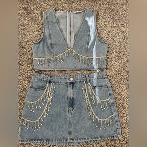 Denim Rhinestone Skirt Set